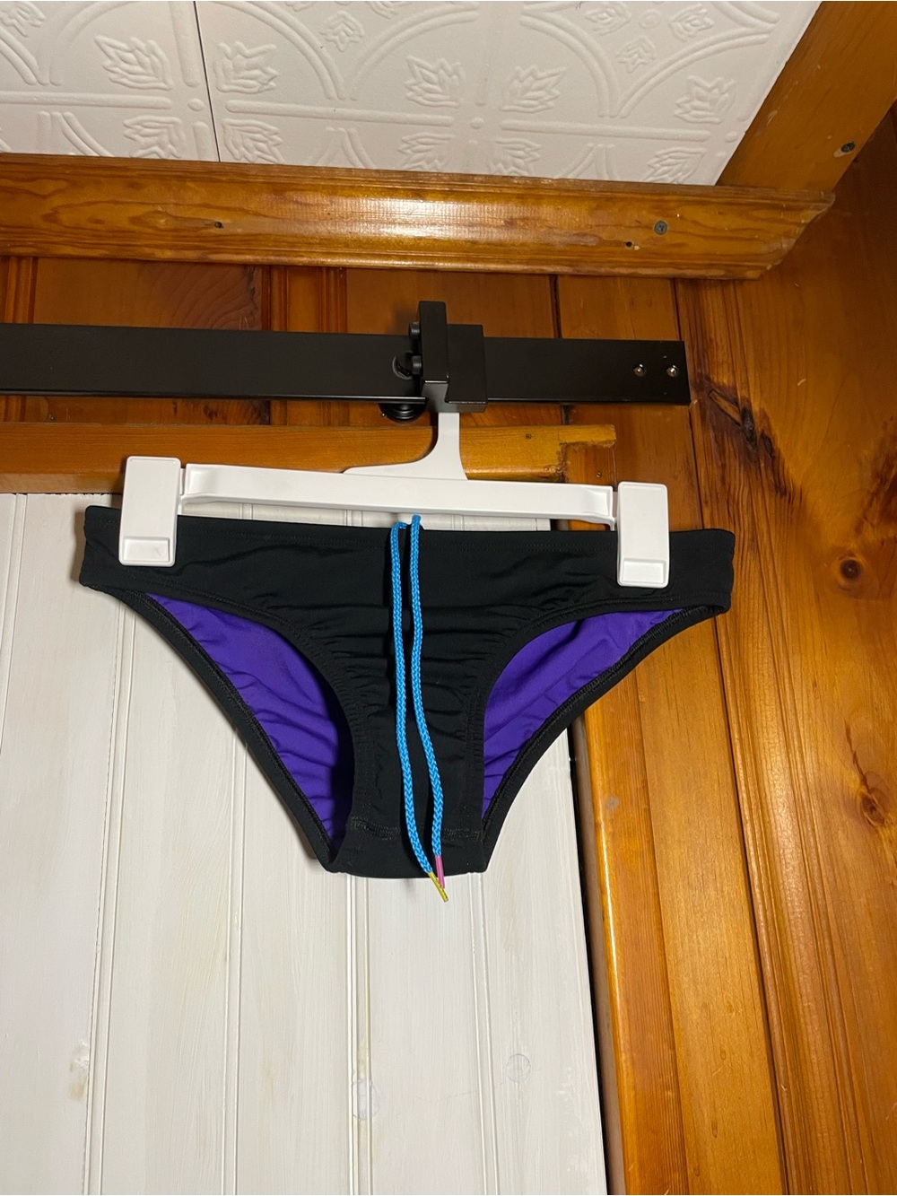 Jolyn Clothing Black Swim Brief with Purple Trim and Blue Drawstring